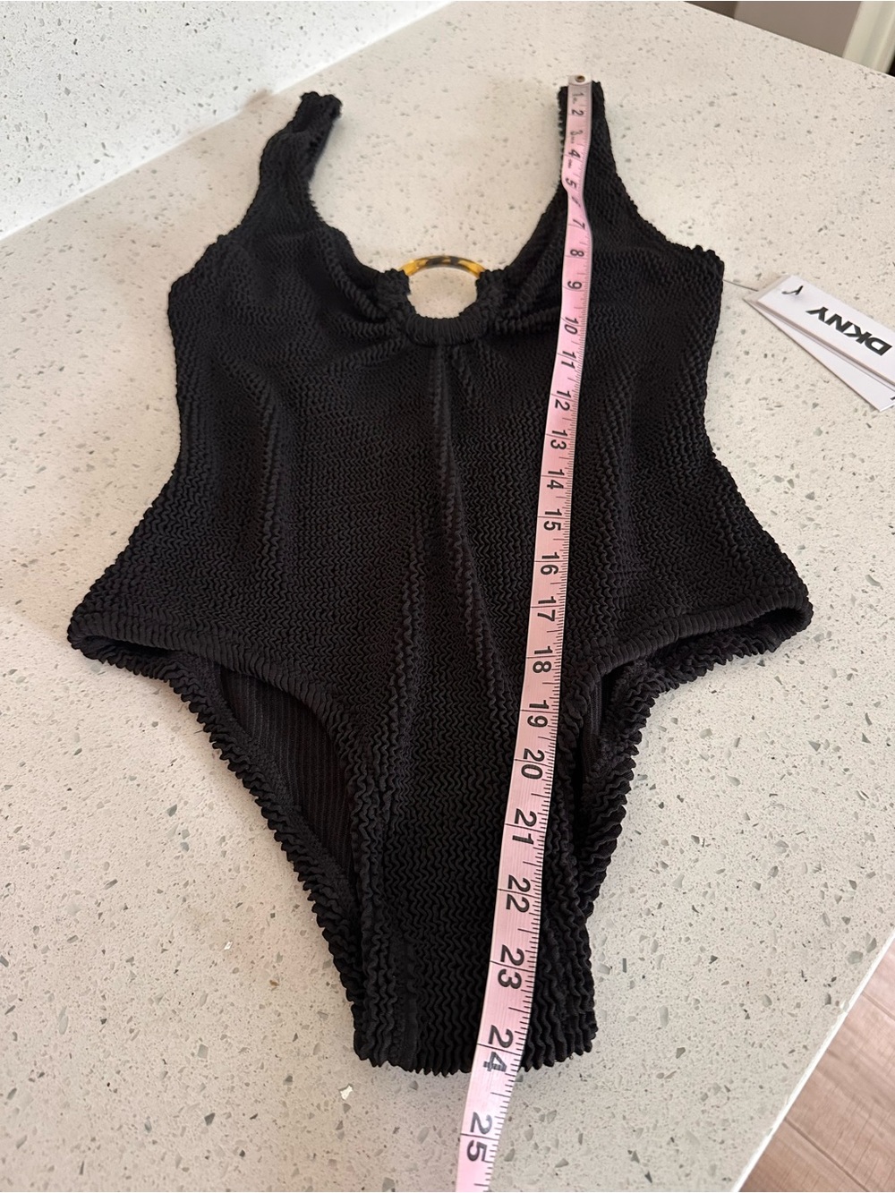 New DKNY Black Textured Crinkle Swimsuit O-Ring One-Piece Bathing Suit Vacation - Picture 10 of 14